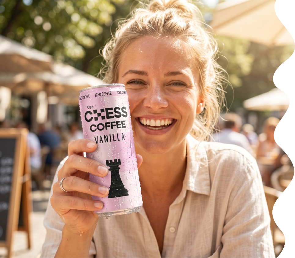 Chess Coffee Vanilla kutusunu tutan gülümseyen kadın